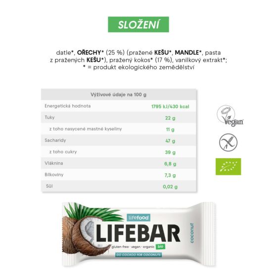 Tyčinka Lifebar kokosová 40 g BIO   LIFEFOOD